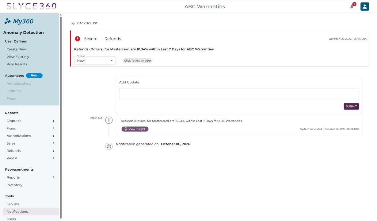 My360 notification as the merchant sees it: a severe refunds alert for ABC Warranties, with status, an update box and a View Insight button